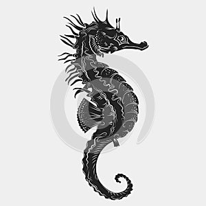 Hand drawn graphic seahorse. Vector illustration. Tattoo sketch. Sea collection. on a white background