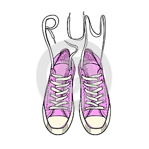 Hand drawn graphic sport shoes, sneakers, trainers for run on white background. Doodle Design isolated object. Footwear