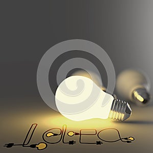 Hand drawn graphic word IDEA and 3d light bulb
