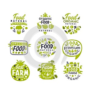 Hand drawn gray and green organic healthy food logo set. Fresh farm products. Creative labels with vegetables and fruits