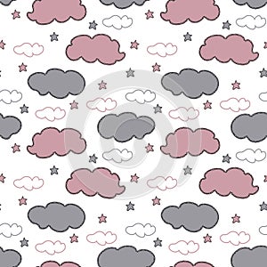 Hand drawn gray and pink clouds and stars on white background.