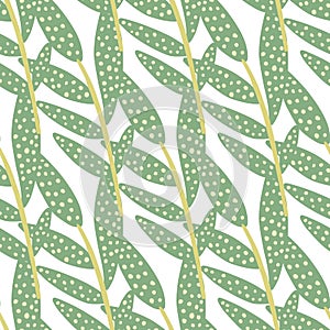 Hand drawn green branches with leaves seamless pattern on white background. Decorative vector ornamental spring endless wallpaper