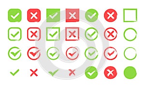 Hand drawn Green check mark and red cross icon set. Circle and square. Tick symbol in green color, vector illustration.