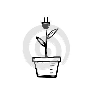 Hand drawn Green energy electricity, electric plug icon sign with cord plant leaves doodle