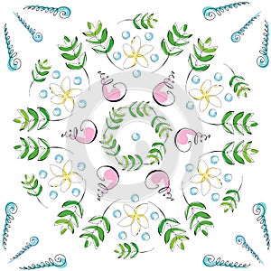 Hand drawn green leaves, frangipani, pink seashells and blue pearls on white background summer vacation vector seamless pattern