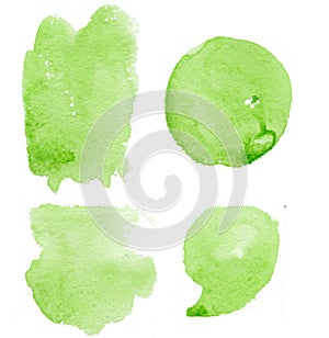Hand drawn green splashes watercolor set, spots watercolor. Green splash