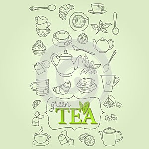 Hand drawn green tea doodle concept vector