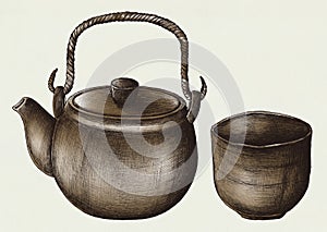 Hand drawn green tea set
