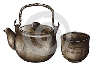 Hand drawn green tea set