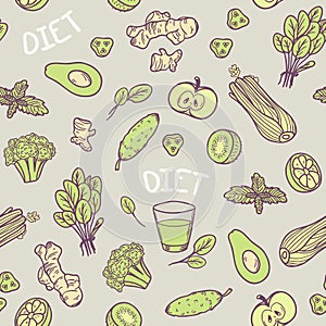 Hand drawn green vegetables seamless pattern in vector. Healthy eating background