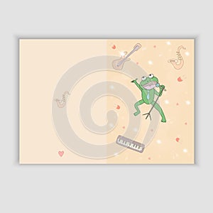 Hand Drawn greeting card with musical instruments and a singing frog. Sweet congratulation card in .