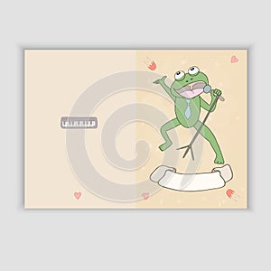 Hand Drawn greeting card with a singing frog. Sweet congratulation card in .