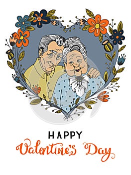 Hand-drawn greeting card for Valentine`s Day with cartoon happy old couple together.