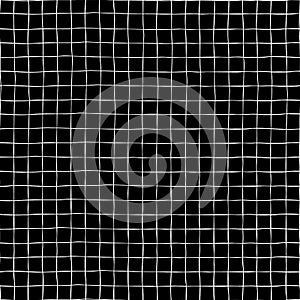 Hand drawn grid seamless vector pattern background. White raster square shapes on black backdrop. Geometric monochrome design for