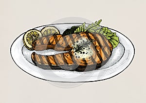 Hand drawn grilled fish steak