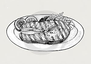 Hand drawn grilled fish steak