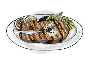 Hand drawn grilled fish steak