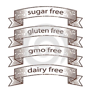 Hand drawn grunge banners - gluten free, sugar free, dairy free, gmo free banners design