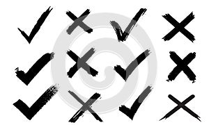 Hand Drawn Grunge Check and Cross Marks Set