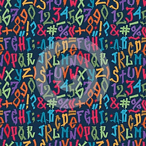 Hand drawn grunge font paint symbol design vector alphabet graffiti text brush graphic ink seamless pattern background.