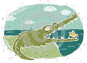 Hand drawn grunge illustration of cute crocodile on background