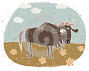 Hand drawn grunge illustration of cute gnu on background with fl