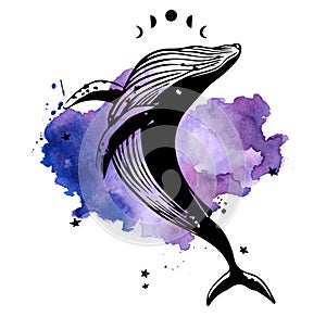 Hand drawn grunge illustration of whale. Space whale print for t-shirts or cards.