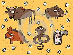 Hand drawn grunge illustrations set of gnu, warthog, hyena, cobra and vulture