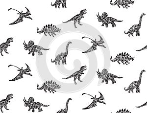 Hand drawn grunge seamless pattern with dinosaur silhouettes. Black and white dino vector background, fashion print for textile or