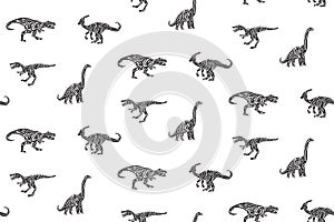 Hand drawn grunge seamless pattern with sketch dinosaur silhouettes. Black and white dino vector background, fashion print for