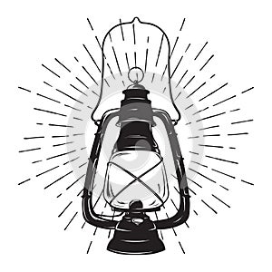 Hand-drawn grunge sketch vintage oil lantern or kerosene lamp with rays of light. Vector illustration. T-shirt print or poster des