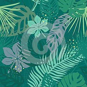 Hand drawn grunge textured tropical leaves seamless pattern. Tropical leaf silhouette elements background. Fan palm, monstera,