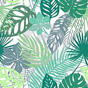 Hand drawn grunge textured tropical leaves seamless pattern. Tropical leaf silhouette elements background. Fan palm