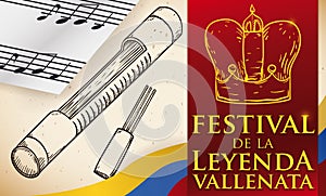 Hand Drawn Guacharaca and Musical Stave Promoting Vallenato Legend Festival, Vector Illustration