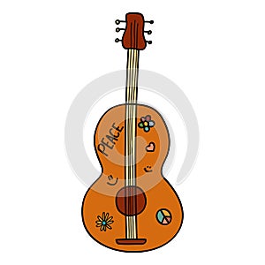 Hand Drawn Guitar in 70s or 60s Retro Trippy Style with Stickers. Love, Peace, Music 1970 Icon. Seventies Groovy Flowers