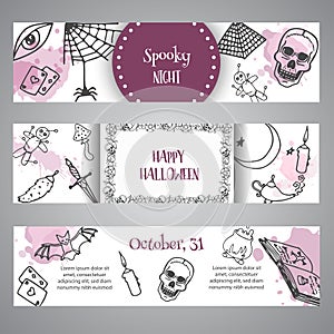 Hand drawn halloween banner template. Horror night poster background. Spooky party invitation Vector