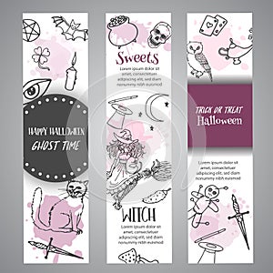 Hand drawn halloween banner template. Horror night poster background. Spooky party invitation Vector