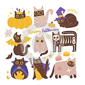 Hand drawn halloween black cats set wearing different holiday costumes. Cute pooky pets. Collection of witch, mummy