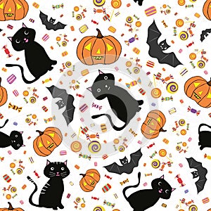 Hand drawn Halloween cats, bats, pumpkins and candy treats. Lively seamless vector pattern on subtle spiderweb white
