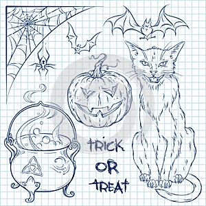 Hand drawn halloween doodles collection set over squared paper background. Cat, cauldron, spider, pumpkin and bats vector