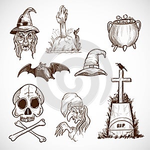 Hand drawn halloween elements set sketch design