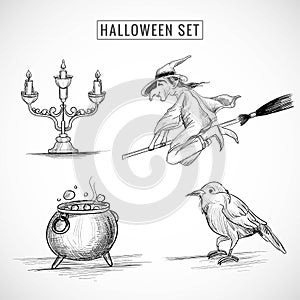 Hand drawn halloween elements set sketch illustration