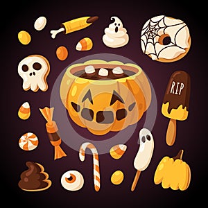 Hand drawn Halloween illustration. Creative Cartoon Style art work. Actual vector drawing food and drink for Party. Artistic