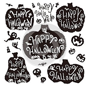 Hand-drawn Halloween illustration Happy Halloween,  jack-o`-lantern, bats, ghosts, skulls, tombstones