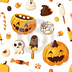 Hand drawn Halloween illustration Seamless Pattern. Creative Cartoon Style art work. Actual vector drawing food and drink for