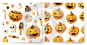 Hand drawn Halloween illustration Seamless Pattern. Creative Cartoon Style art work. Actual vector drawing food and drink for