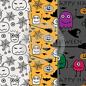 Hand drawn with halloween pattern background set.