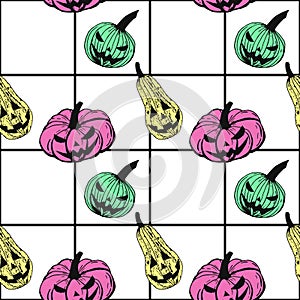 Hand drawn Halloween pumpkins lanterns with spooky faces, seamless vector pattern of bright colors on white checkered background