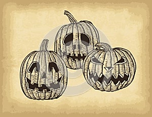 Hand drawn Halloween pumpkins on old craft paper texture background. Template for your design works.