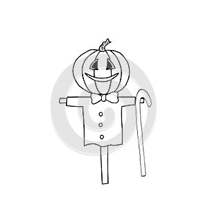 Hand drawn Halloween scarecrow with cane and bow. Vector illustration. For coloring, packaging, invitations, postcards